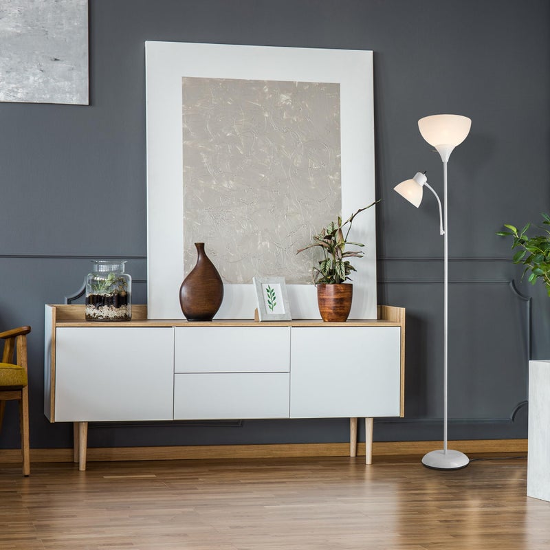 GLOBE Electric 67136 72" Torchiere Floor Lamp with Adjustable Reading Light, Matte White Finish, Frosted Shades, Rotary Switch on Socket, E26 Base - Image 2